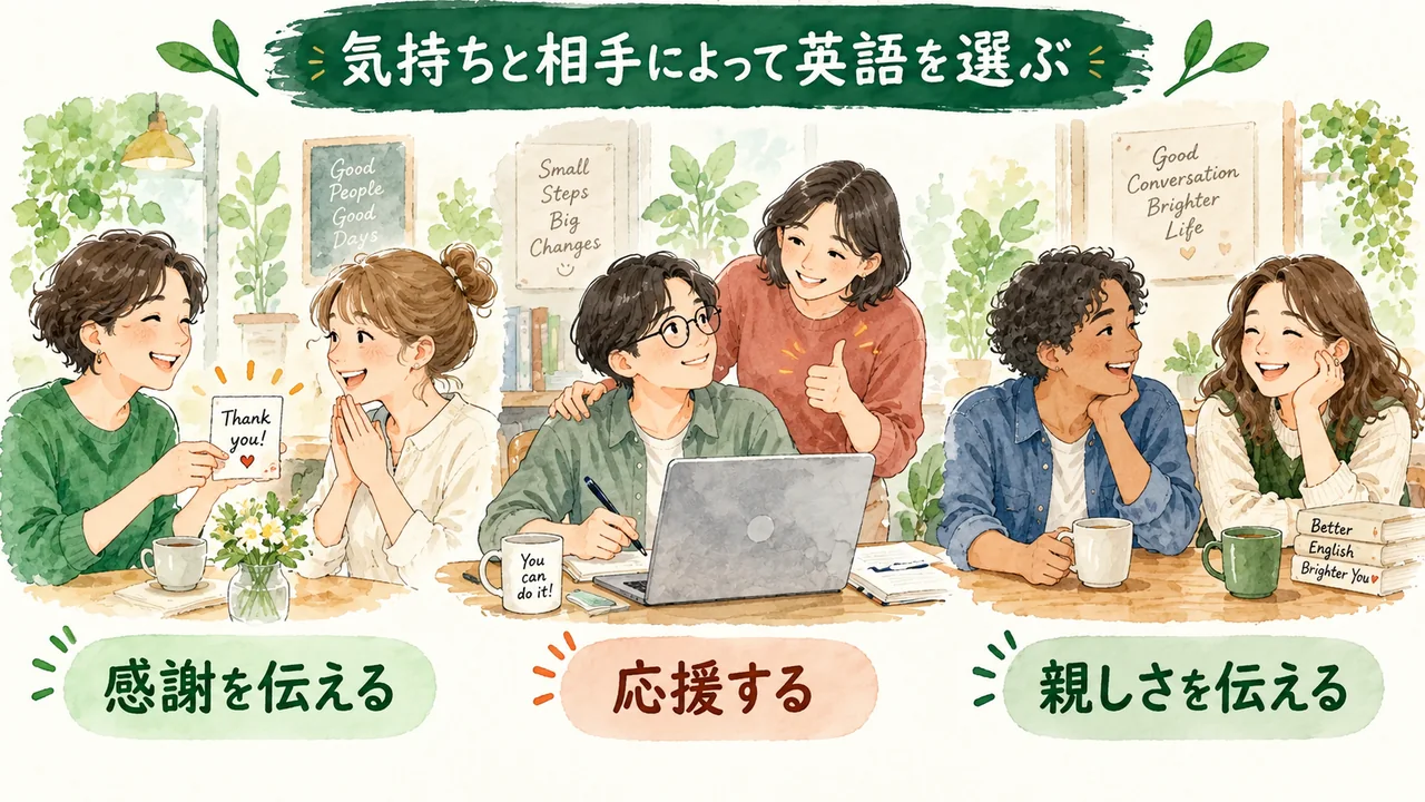 感謝を伝える、応援する、親しさを伝える三つの会話場面