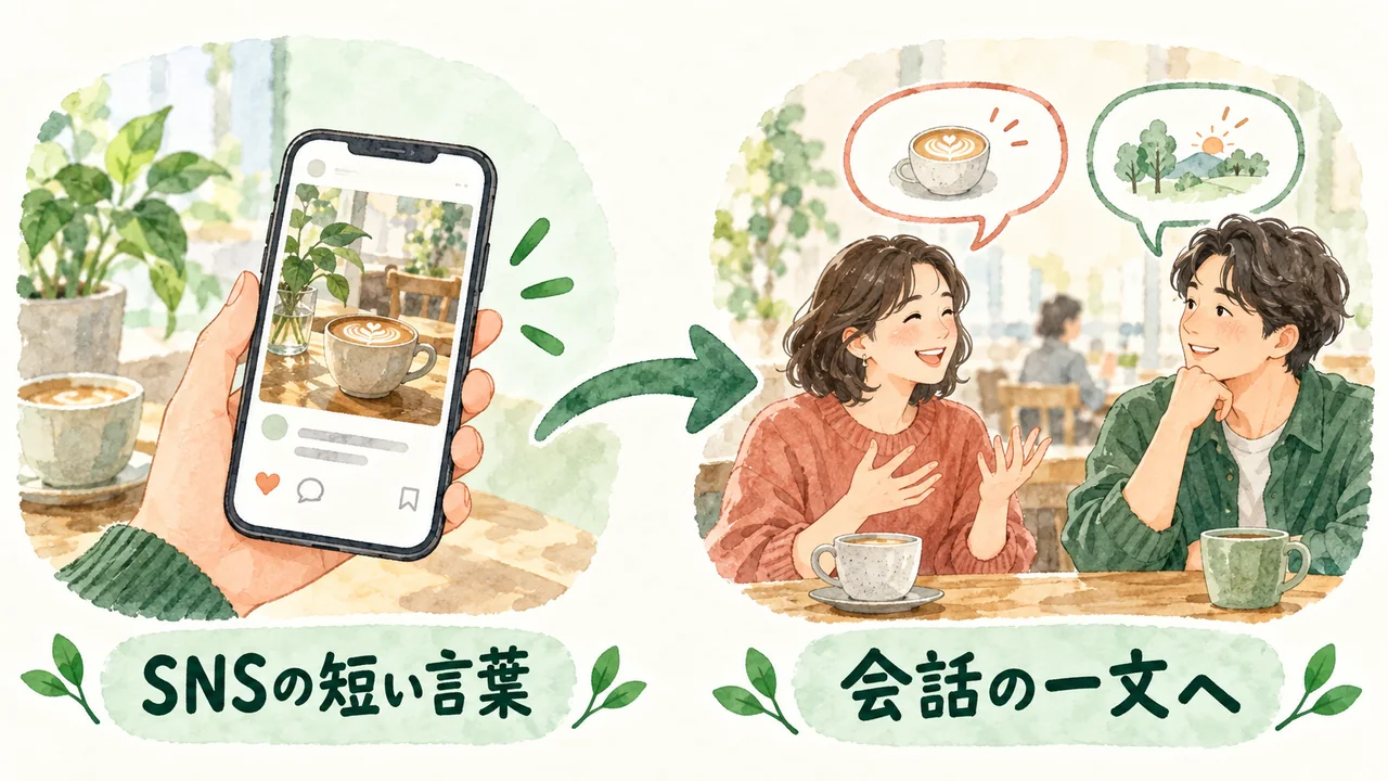 SNSの短いキャプションに状況を補い、会話の一文へ変える図解
