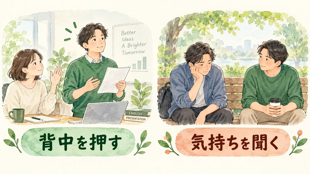 挑戦する人の背中を押す場面と、疲れた人の気持ちを聞く場面