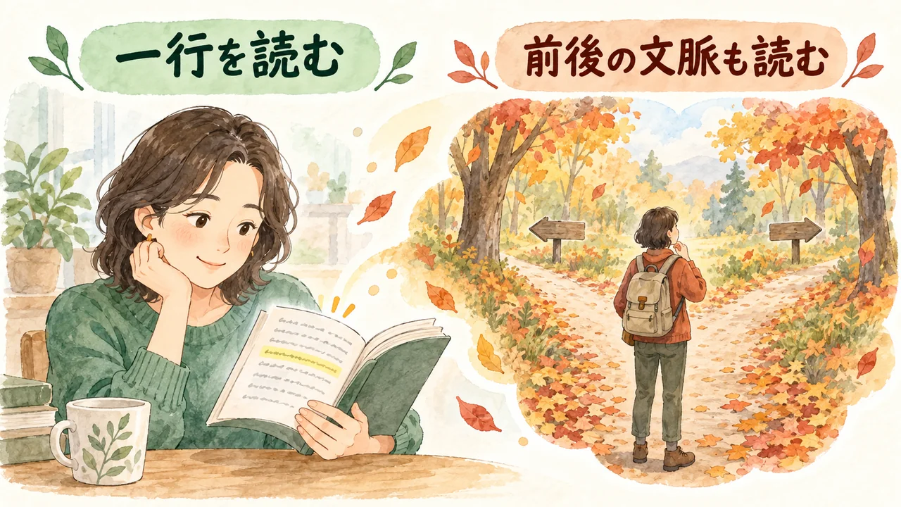 本の一行と二つの道の情景を見比べ、前後の文脈を読む図解