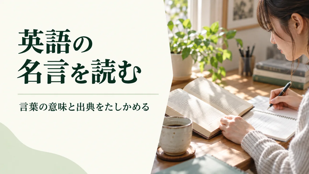 本とノートを開き英語の名言の意味と出典を確かめる学習イメージ