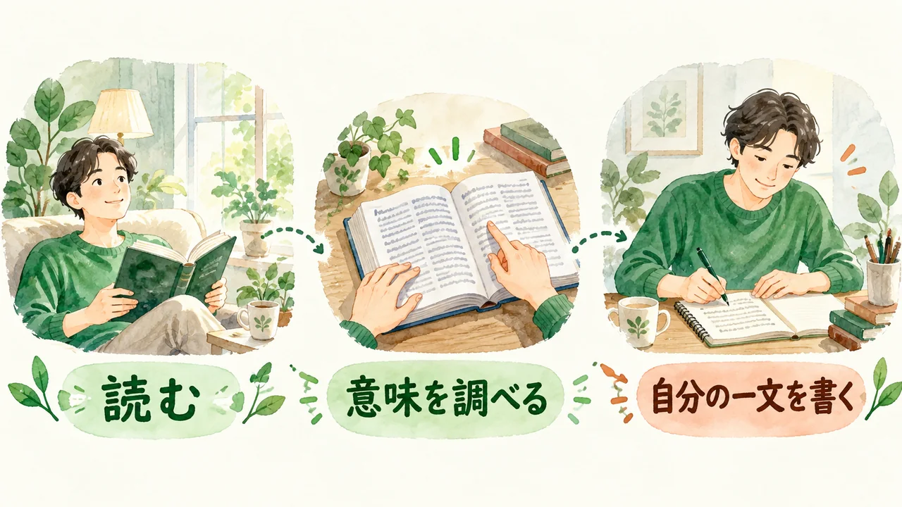 読む、意味を調べる、自分の一文を書く英語学習の流れ