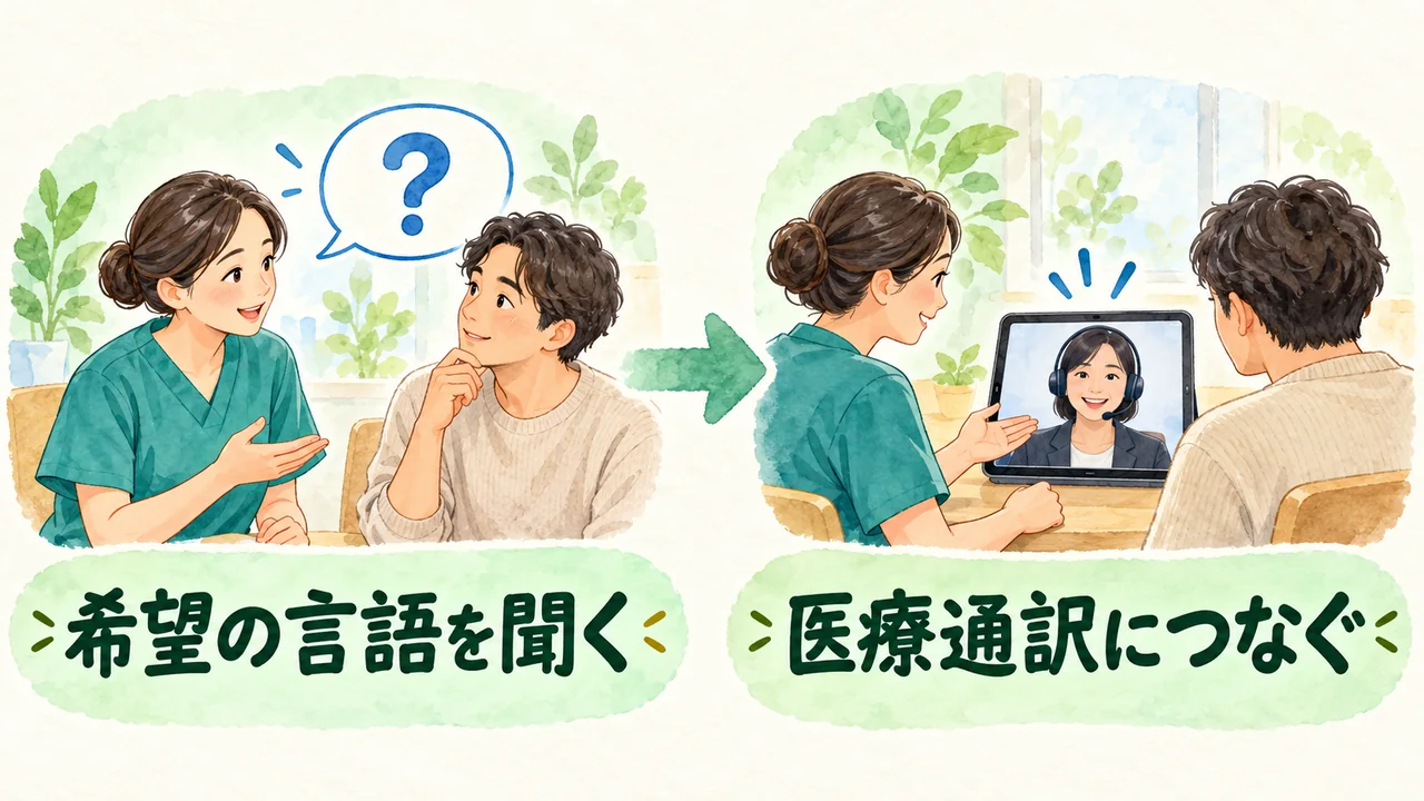 希望する言語を尋ねて医療通訳につなぐ2つの会話場面の水彩イラスト