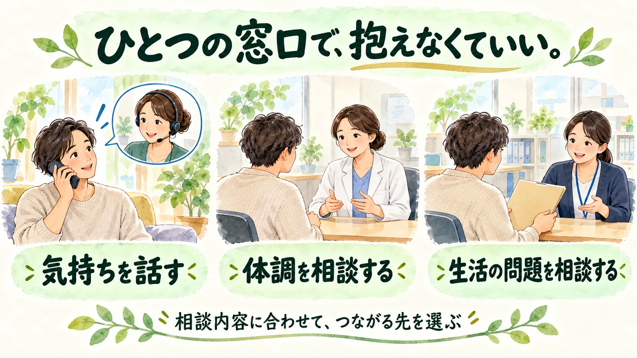 話したいことに合わせ、相談窓口・医療機関・公的な窓口へつながる選択肢を示した水彩図解