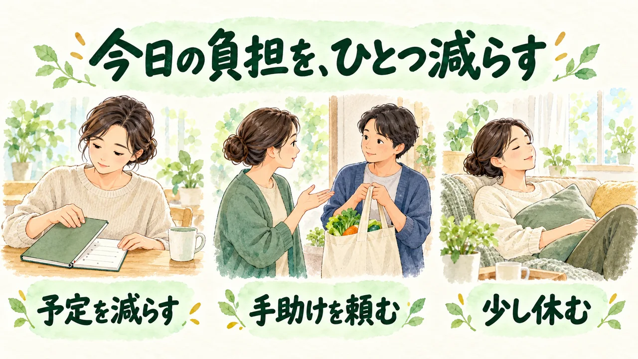 予定を減らす・手助けを頼む・少し休むという負担の減らし方の水彩イラスト