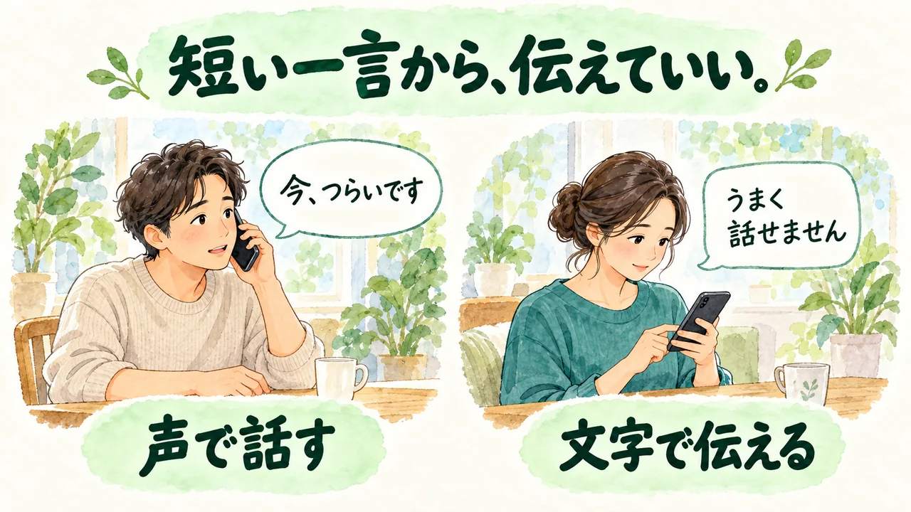 電話で短く話す方法と、文字でつらさを伝える方法を並べた水彩図解