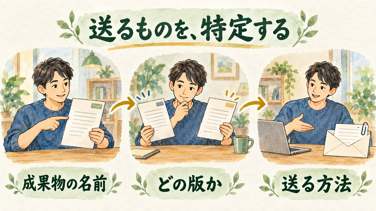 成果物の名前・版・送る方法を一つずつ確認する3場面の水彩図解