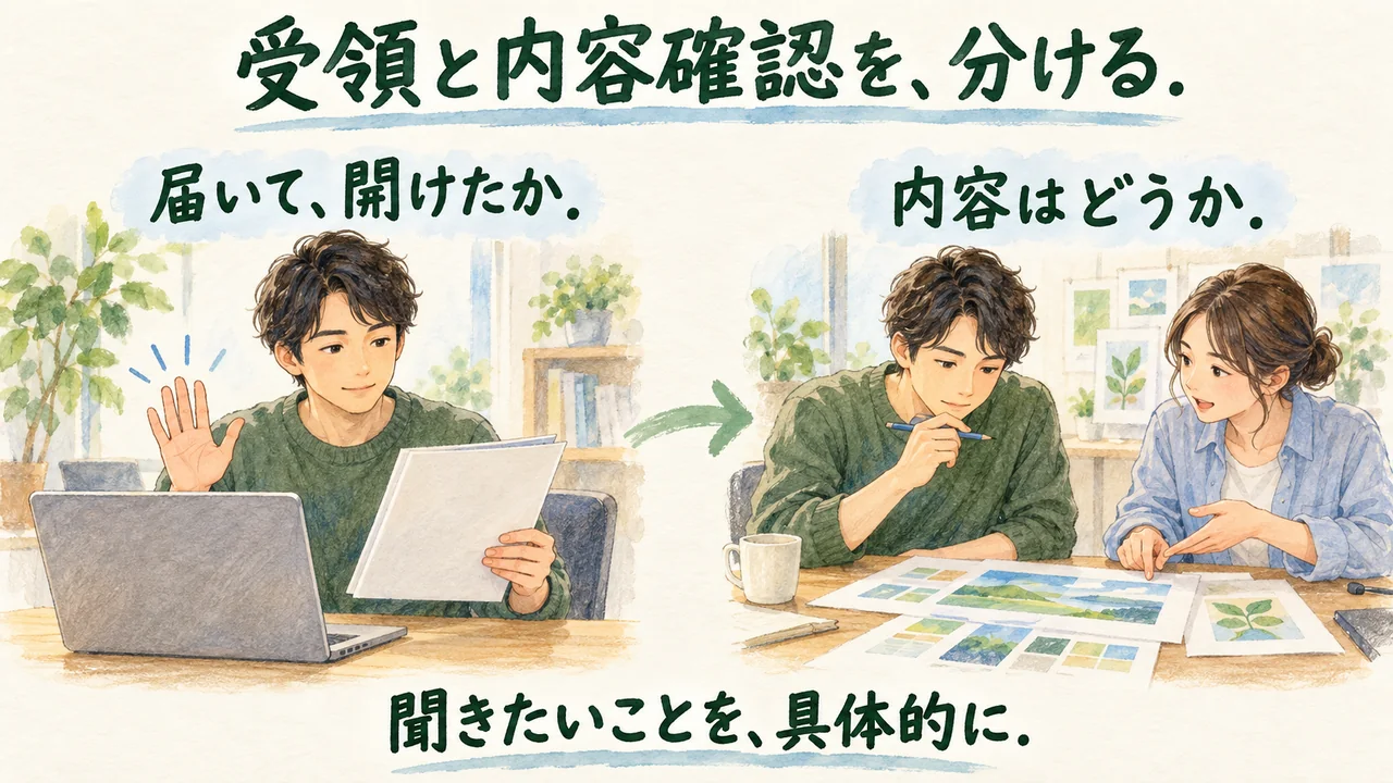 ファイルが届いて開けたかの受領確認と、内容への意見を求める確認を分けた水彩図解