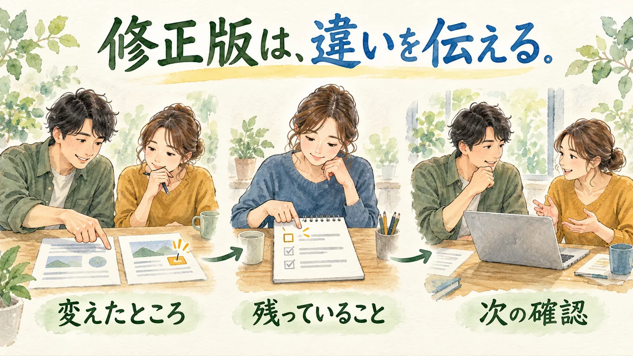 修正版を送るときに、変えたところ・残っていること・次の確認を分けて伝える水彩図解