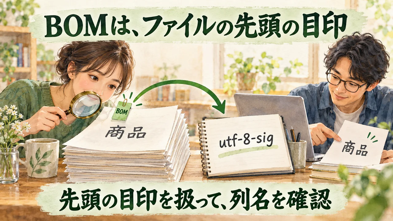 UTF-8ファイルの先頭にあるBOMという目印を確認し、utf-8-sigで読み取って列名を確かめる水彩図解