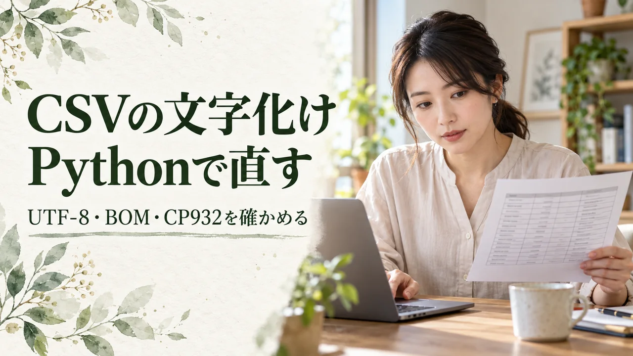 ノートパソコンと紙の表を見比べながら、CSVの日本語表示を確認する大人の自然な写真イメージ