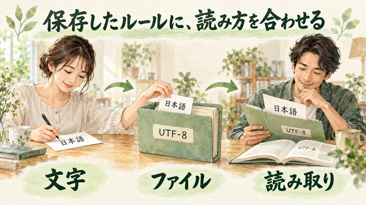 同じファイルでも保存した文字コードと読み方を合わせる必要があることを、机上の資料と読み手で示す水彩図解