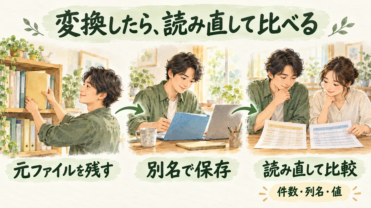 元CSVを残し、別名で書き出し、件数・列名・値を読み直して比べる3場面の水彩図解