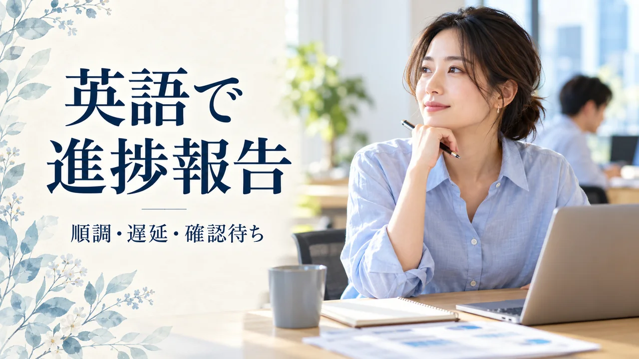 明るいオフィスで、ノートとパソコンを見ながら英語の進捗報告を準備する女性の自然な写真イメージ