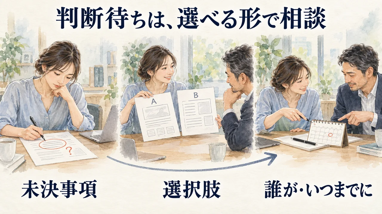 未決事項を整理し、選択肢を示し、誰がいつまでに判断するかを相談する水彩図解