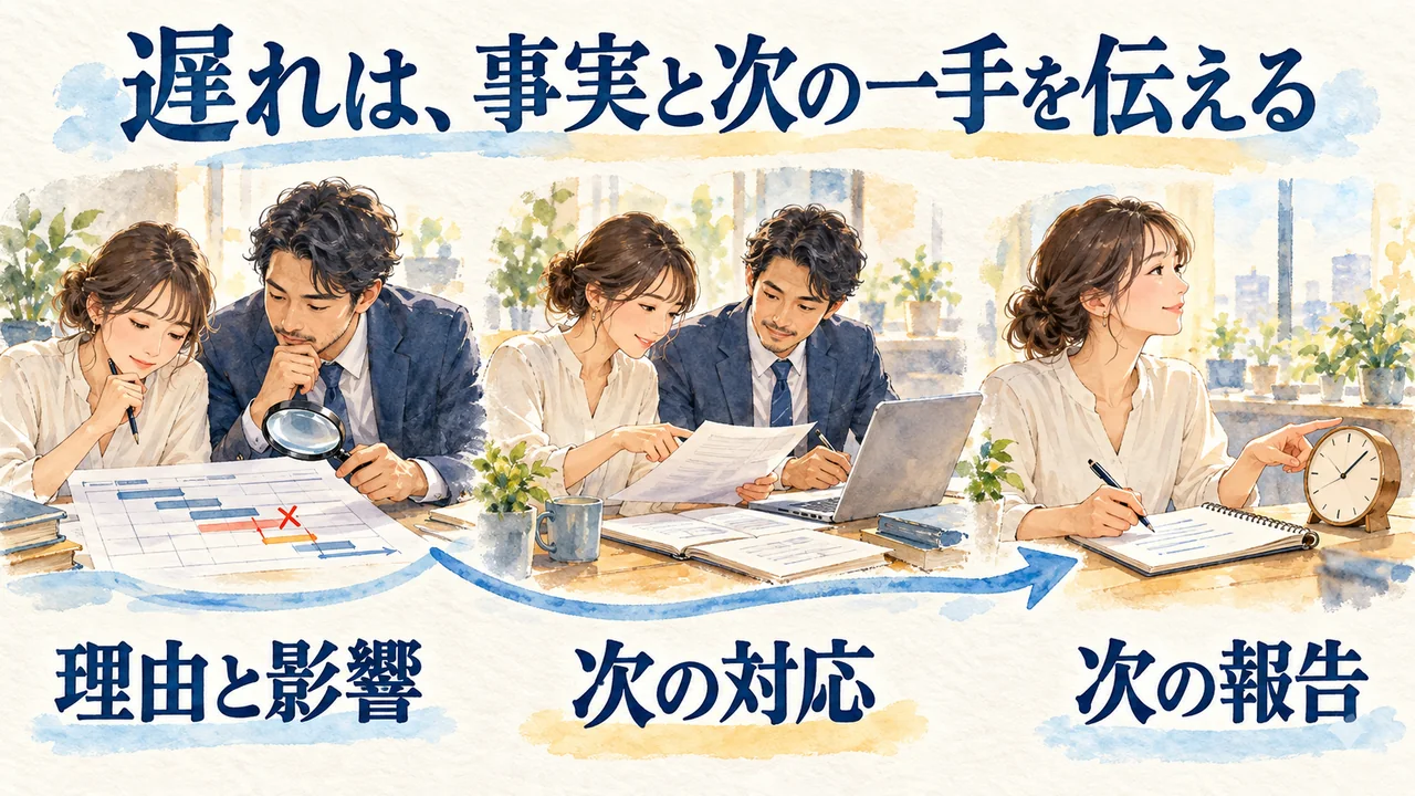 遅れの理由と影響を確認し、次の対応を進め、次の報告時刻を伝える3場面の水彩図解