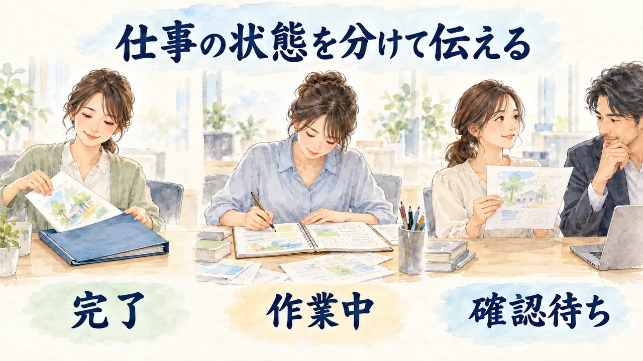 完了した資料、作業中のノート、確認を待つ相談の3場面で、仕事の状態を分けて伝える水彩図解