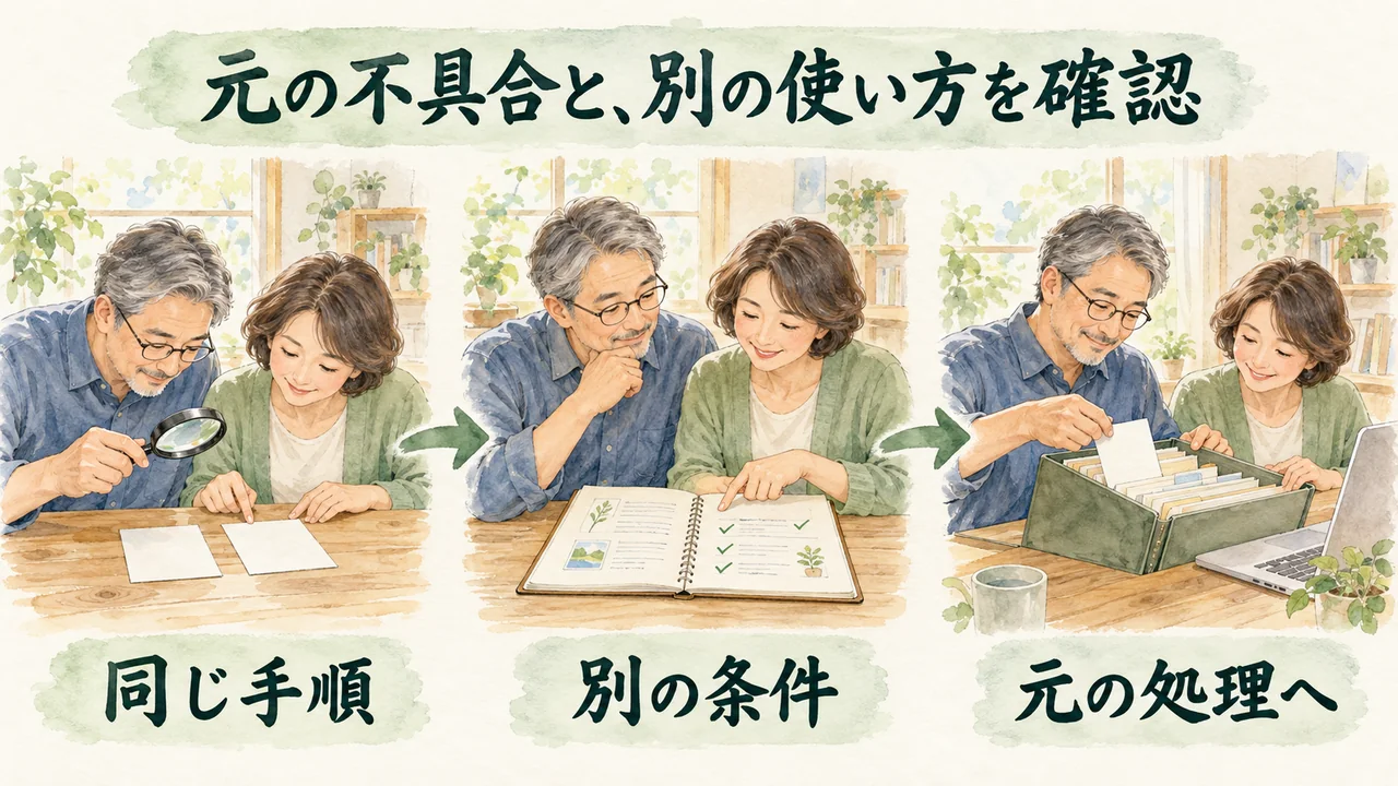 最初の不具合を同じ手順で確かめ、別の使い方も試してから元の処理へ戻す3段階の水彩図解