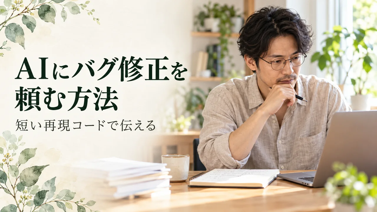 ノートとパソコンを見比べながら、不具合を再現する短いコードを整理する男性の自然な写真イメージ