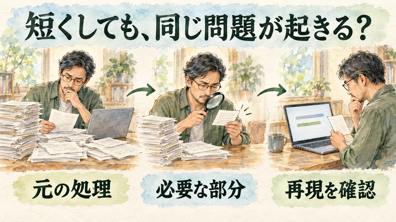 長い資料から問題に関係する部分を取り出し、短いコードでも同じ不具合が起きるかを確かめる水彩図解