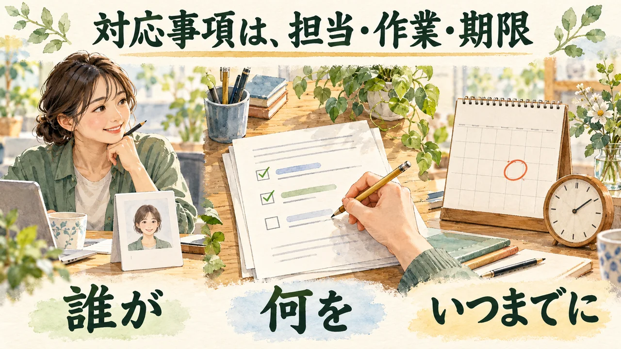 対応事項を担当者・具体的な作業・期限の3つでそろえ、次に何をするか分かる記録にする水彩図解