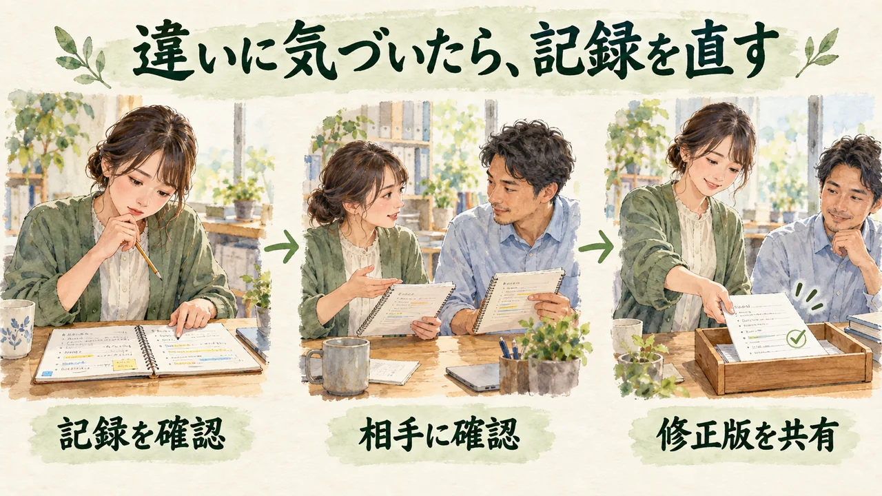 議事メモの違いに気づいたら、記録を確認し、相手と確かめてから修正版を共有する流れの水彩図解