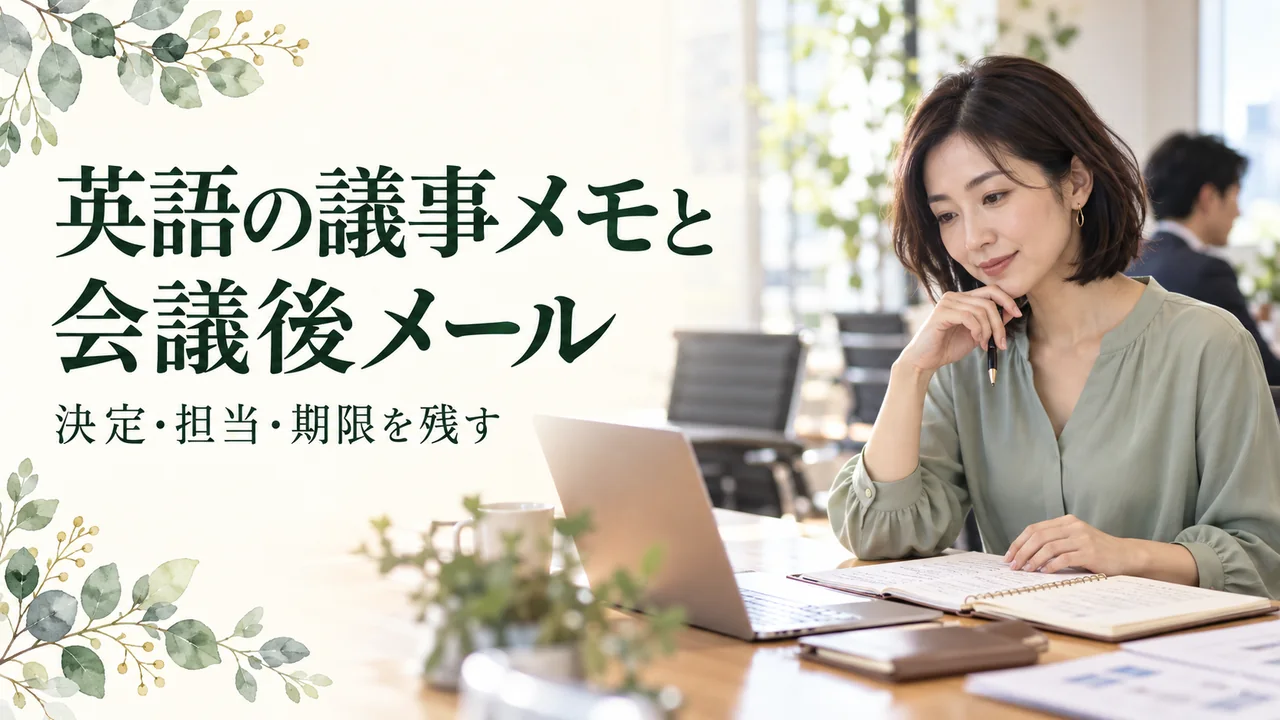 会議後の明るいオフィスで、ノートを見ながらパソコンで記録をまとめる女性の自然な写真イメージ