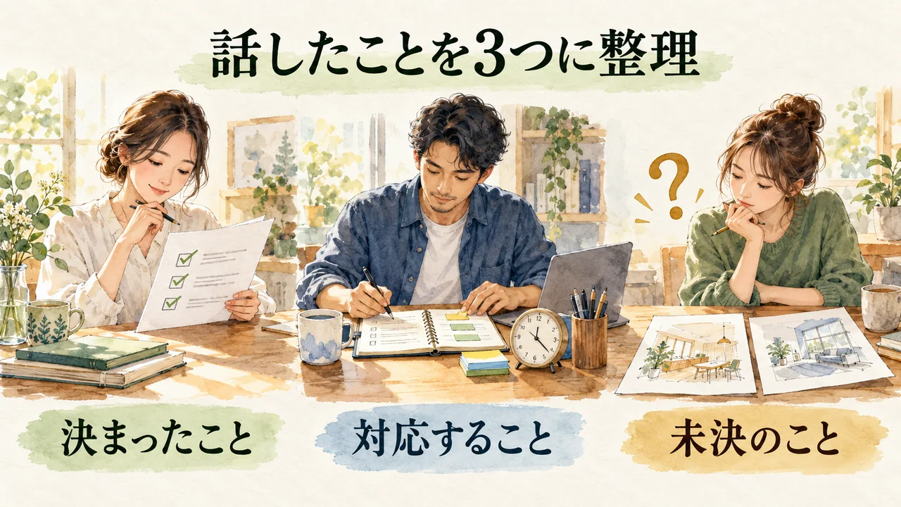 会議で話した内容を、決まったこと・対応すること・未決のことに分けて整理する水彩図解