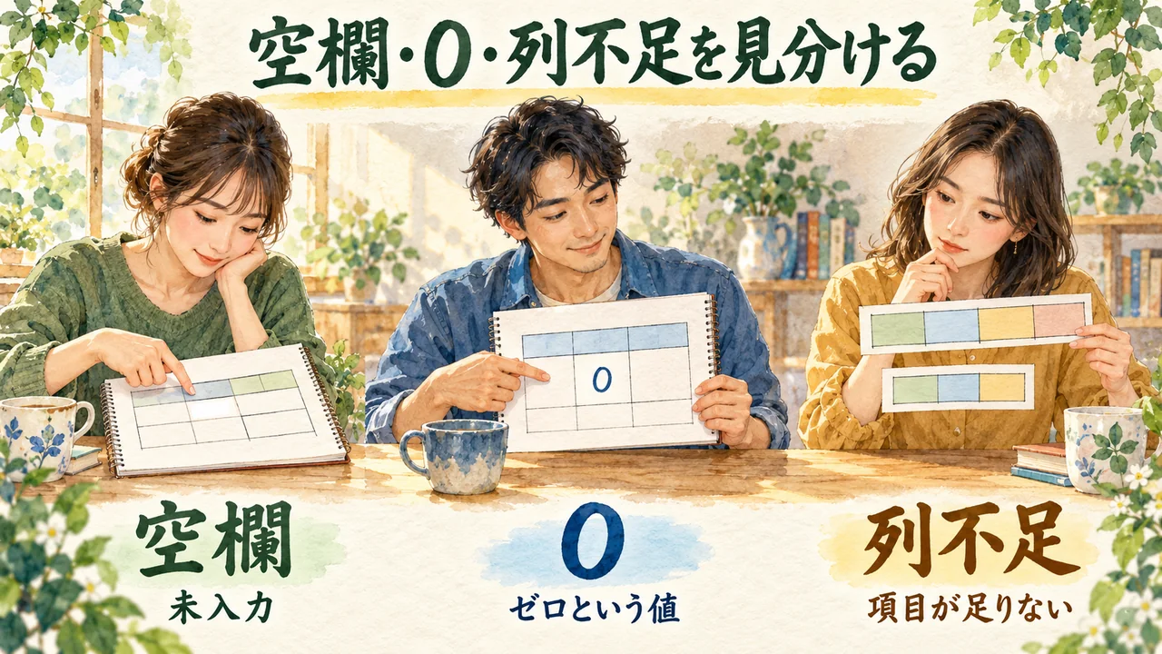 空欄は未入力、0はゼロという値、列不足は項目が足りない状態として区別する水彩図解