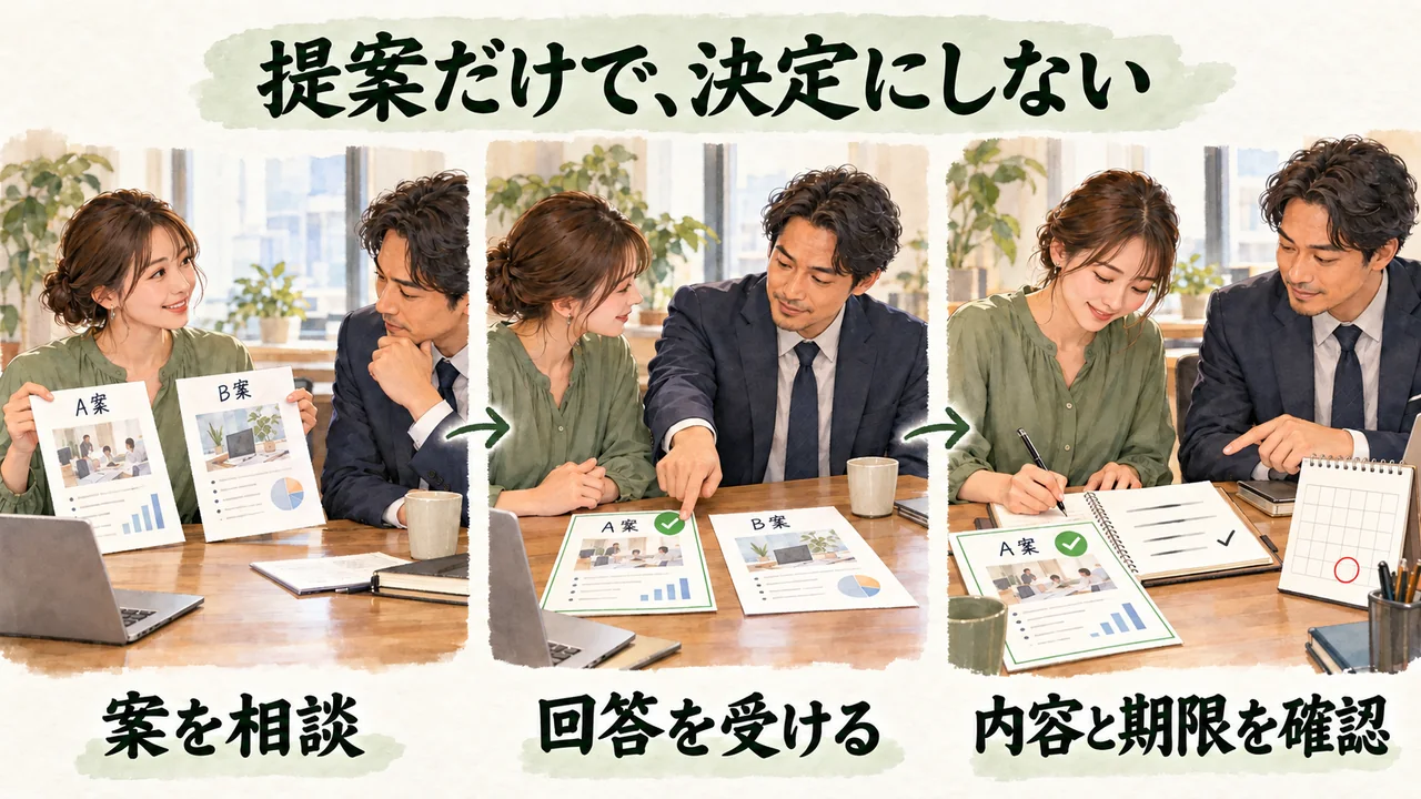 作業順の案を相談し、相手の回答を受けてから、担当する内容と期限を確認する流れの水彩図解
