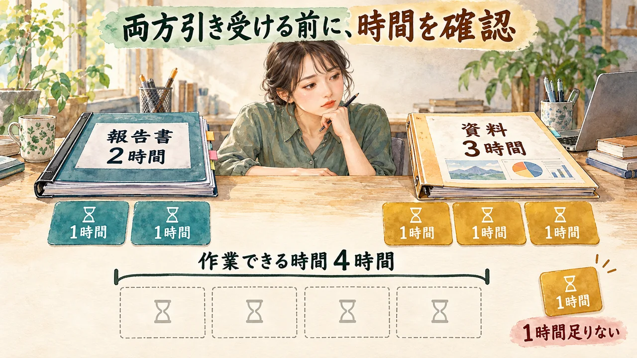 作業できる4時間に、報告書2時間と資料3時間が重なり、1時間足りない状況を示す水彩図解