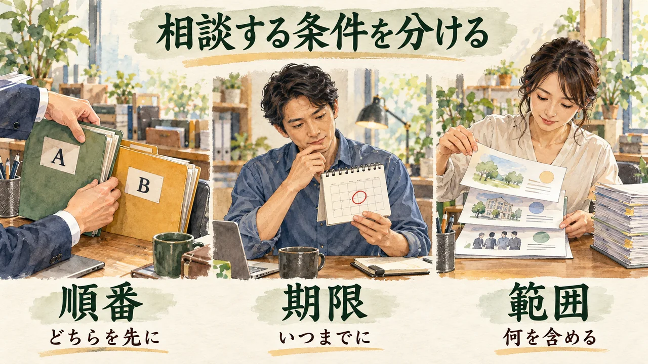 仕事の調整で、どちらを先にするか・いつまでにするか・何を含めるかを分けて相談する水彩図解