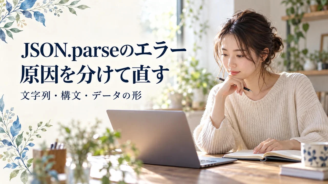 明るい机でノートとパソコンを見比べながらJSONの読み込みを確認する女性の自然な写真イメージ