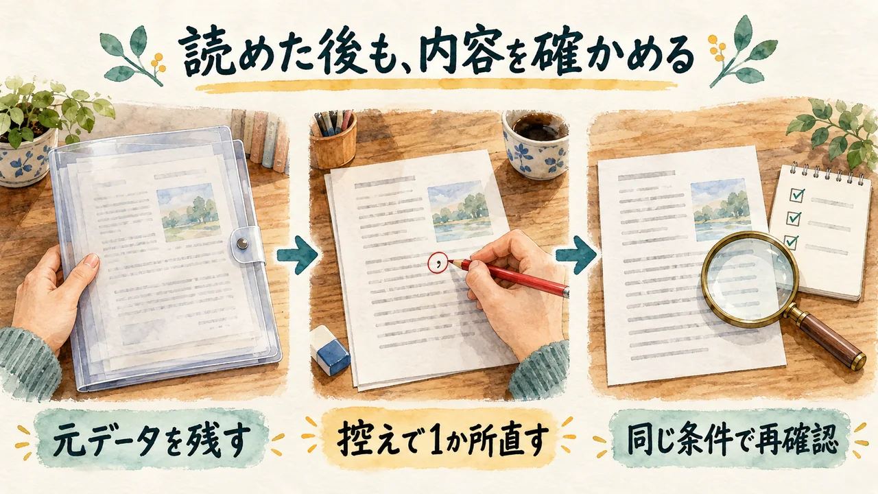 元のデータを残し、控えで一か所を直して同じ条件で確認し直す手順を示す水彩図