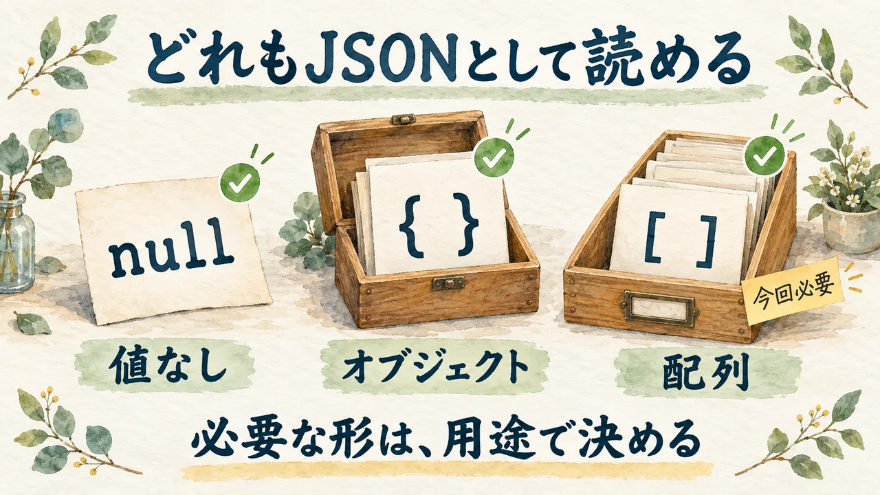 null・オブジェクト・配列はいずれもJSONとして読めるが、今回の教材は配列を必要とする違いを示す水彩図