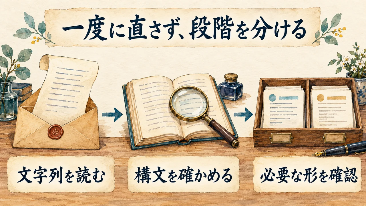 JSONの文字列を読み、構文を解析し、必要なデータの形を確認する三段階を示す水彩図