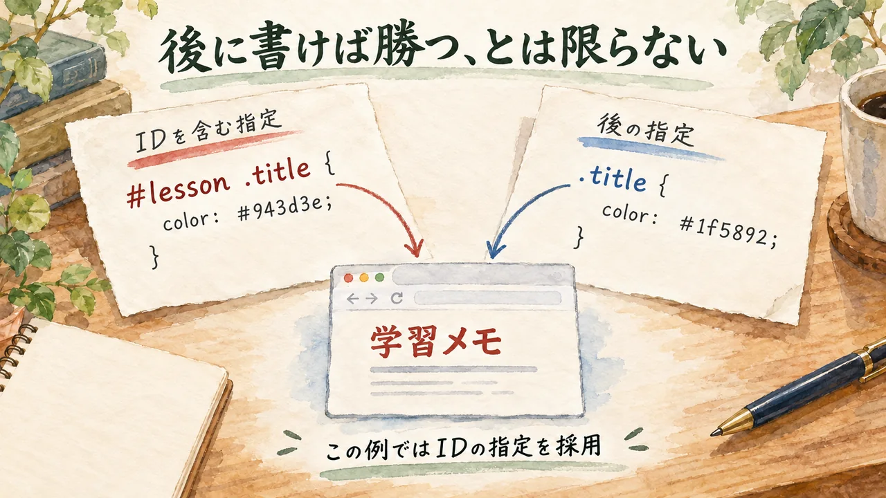 同じ条件ではIDを含む赤色の指定が、後に書いたclassだけの青色より優先される例