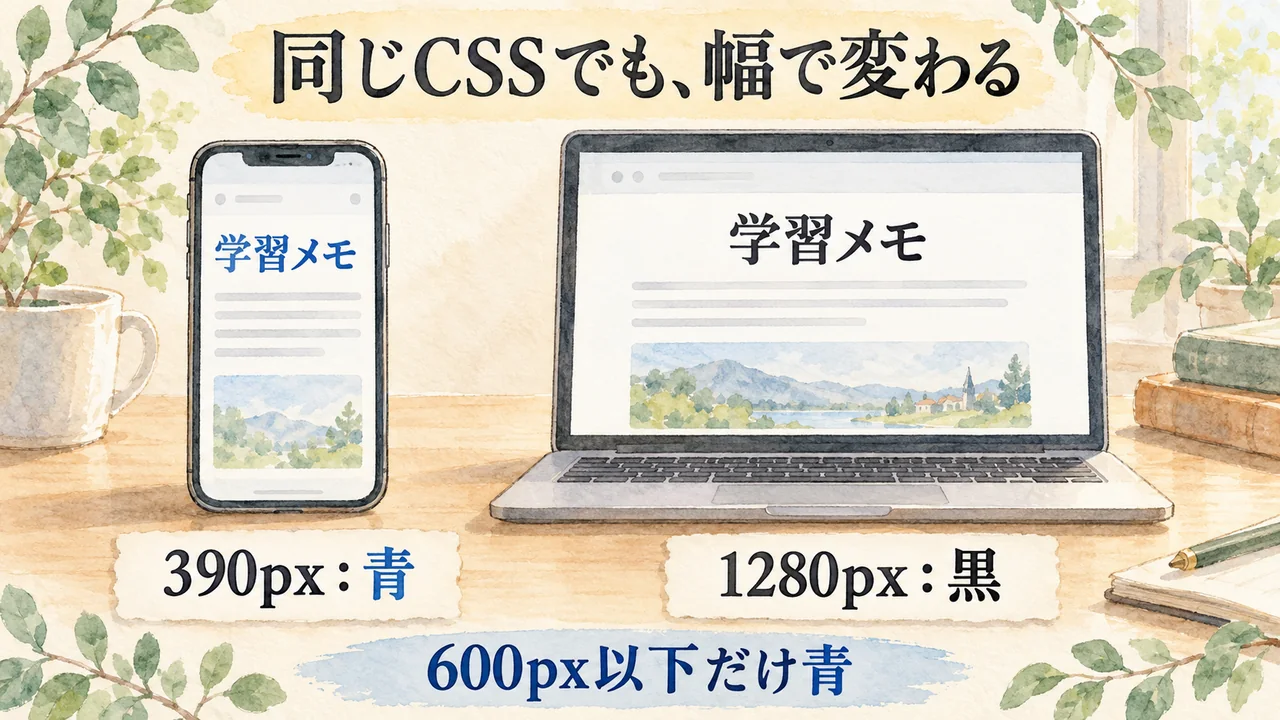 600px以下だけ青にするCSSを、390pxの青い文字と1280pxの黒い文字で比較