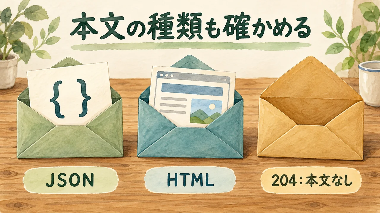 JSON、HTML、本文なしの204を開いた封筒で比べる水彩図