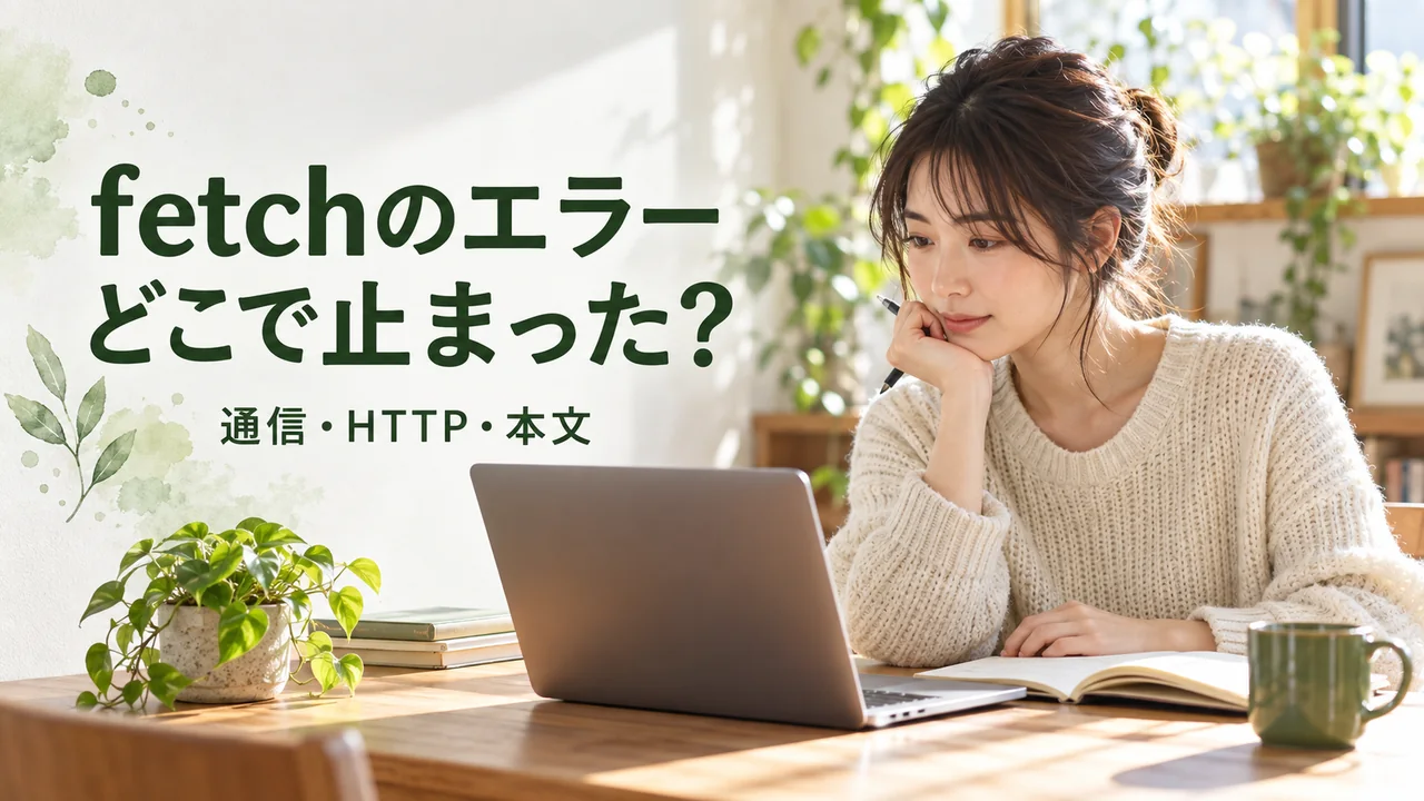 fetchのエラーをノートとパソコンで調べる学習者の写真イメージ