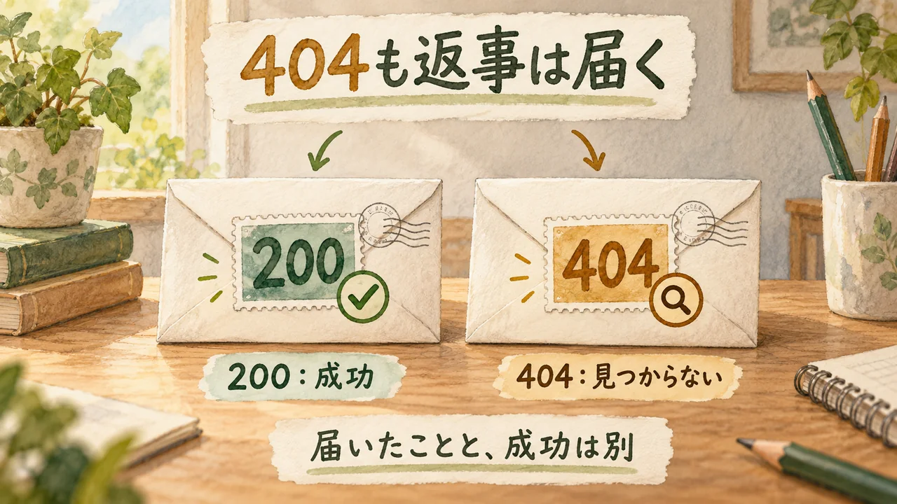 200と404のどちらも応答は届くが、HTTPの成功は異なることを示す水彩図