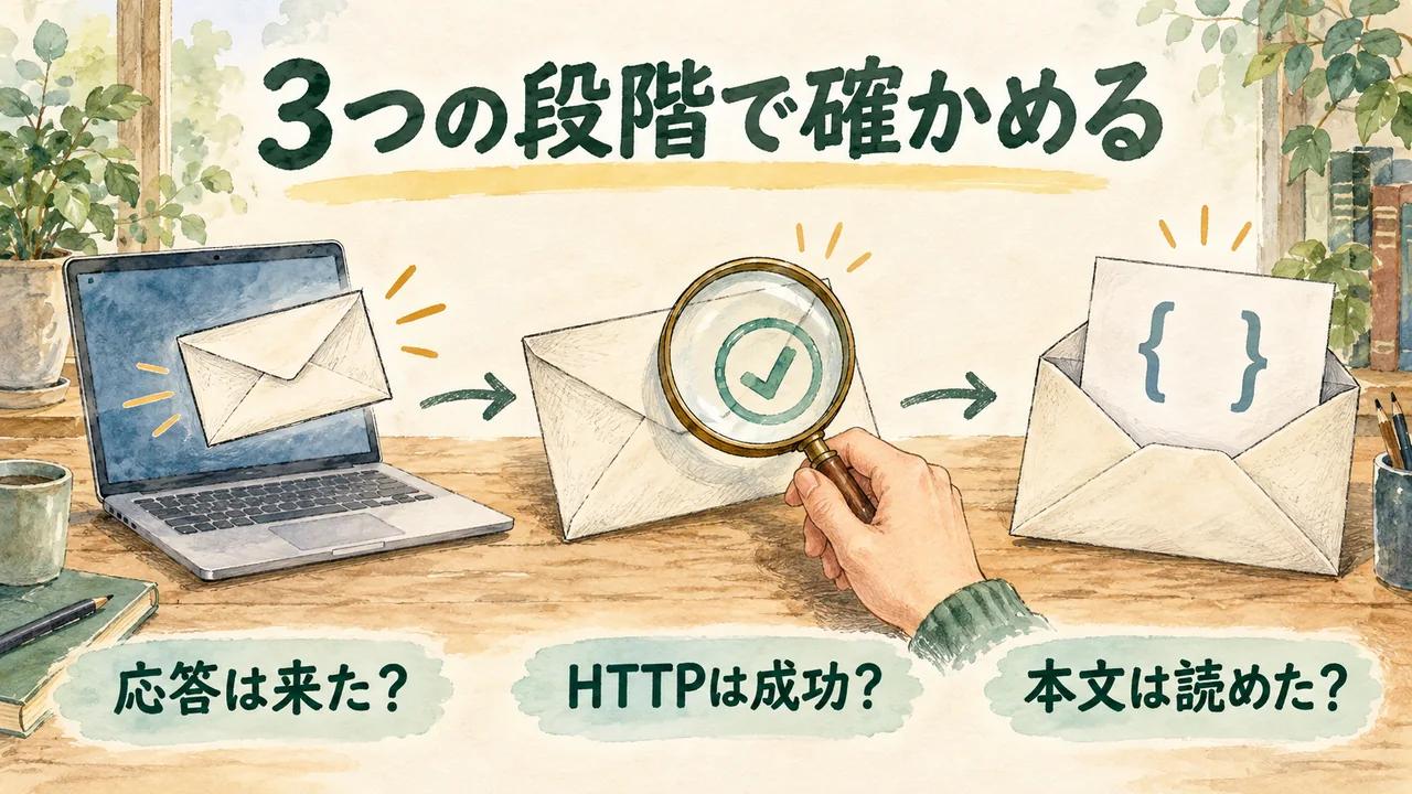 応答を取得し、HTTP状態を確かめ、本文を読む3段階の水彩図