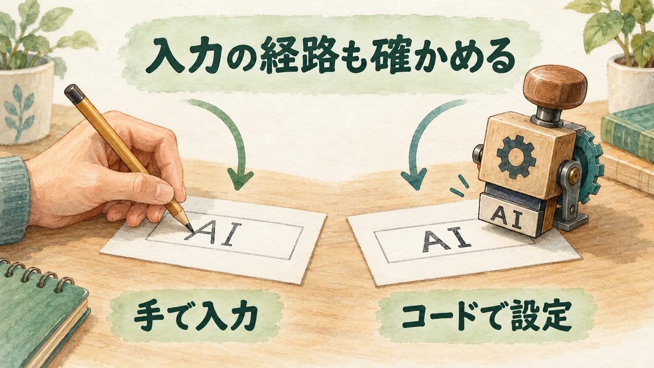 手入力とコードによる代入を別々の経路として比べる水彩図