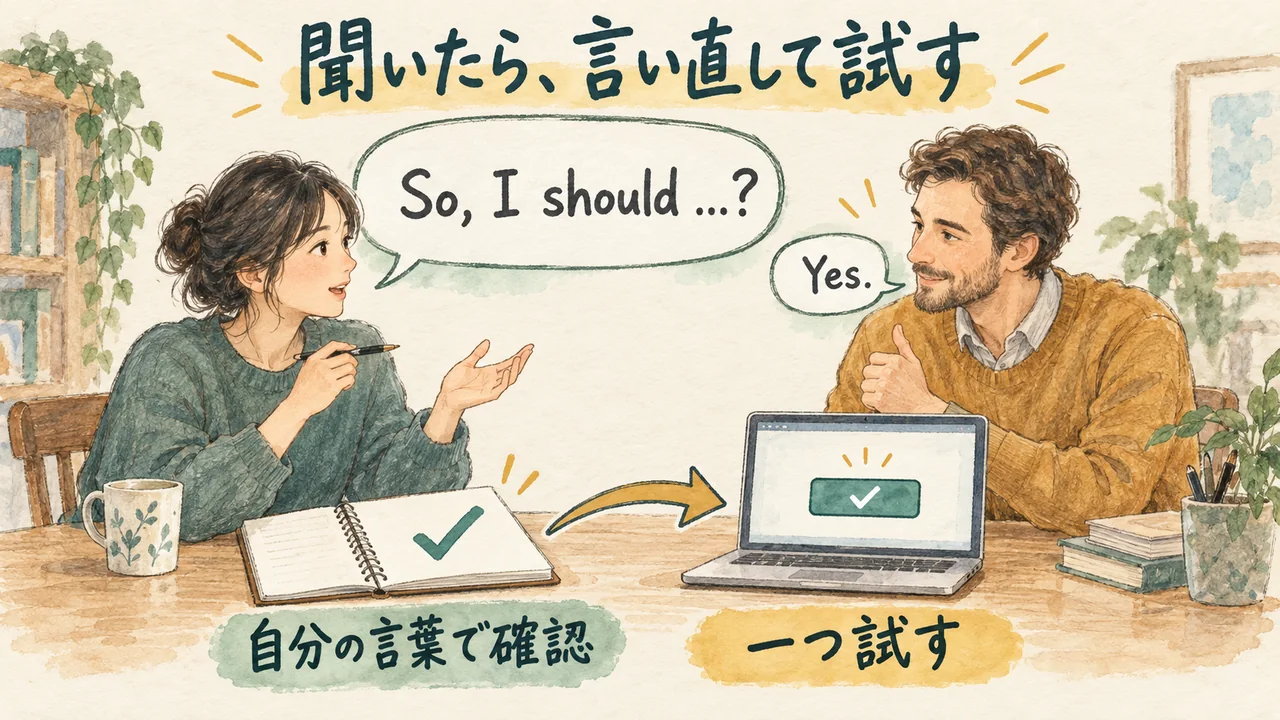 説明を聞いた後に、自分の言葉で確認して一つ試す様子を表した水彩図