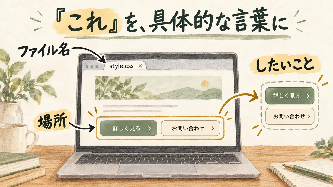 画面のこれだけで済ませず、ファイル名・場所・したいことを指し示す水彩図