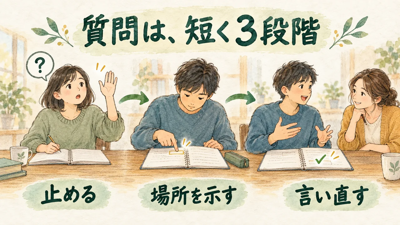 会話を止め、分からない箇所を示し、理解を言い直す3段階の水彩図