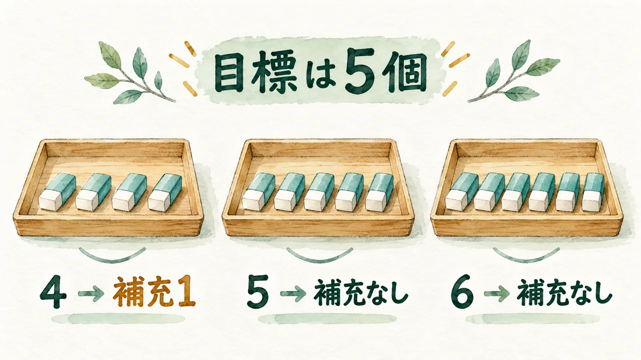 目標5個に対し在庫4個・5個・6個を比べ、境界の前後を確かめる水彩図