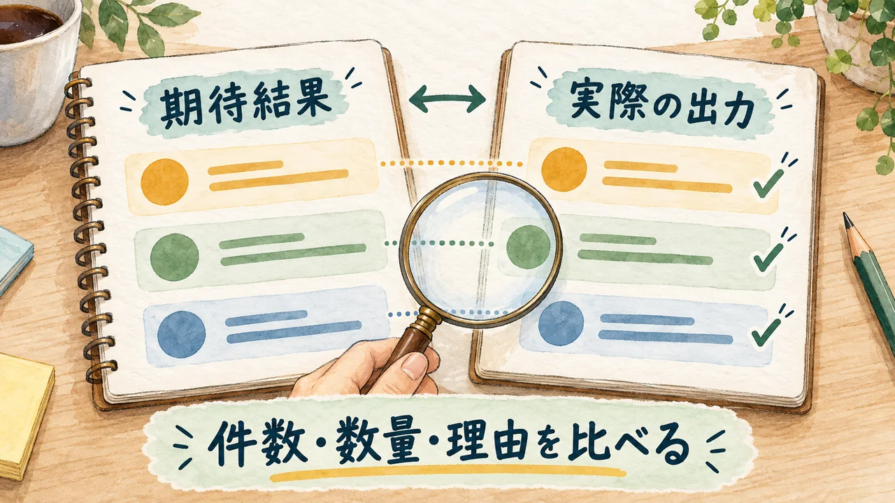 自分で用意した期待結果と実際の出力を、行ごとに照合する水彩図
