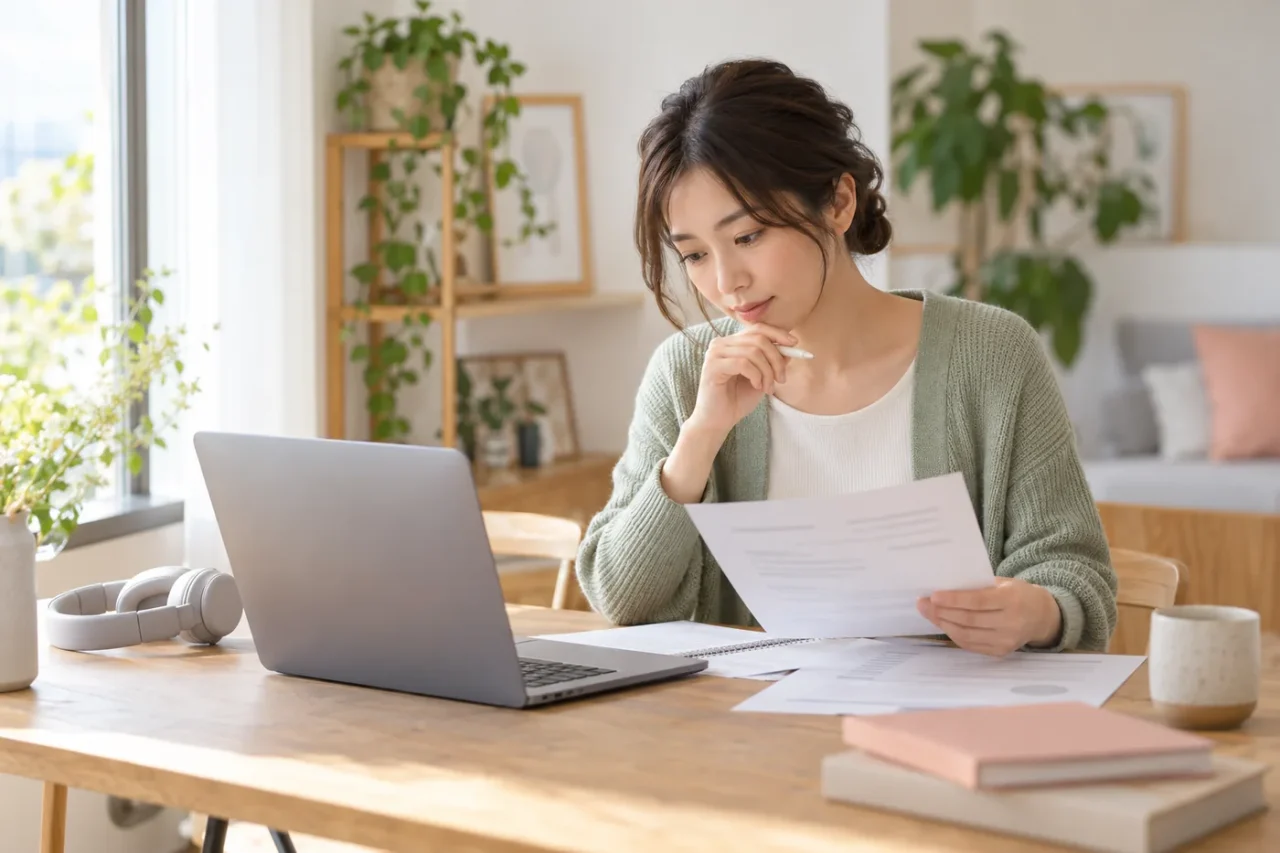 机で書類とメモを確認し、オンラインで条件を相談する準備をする成人のイメージ