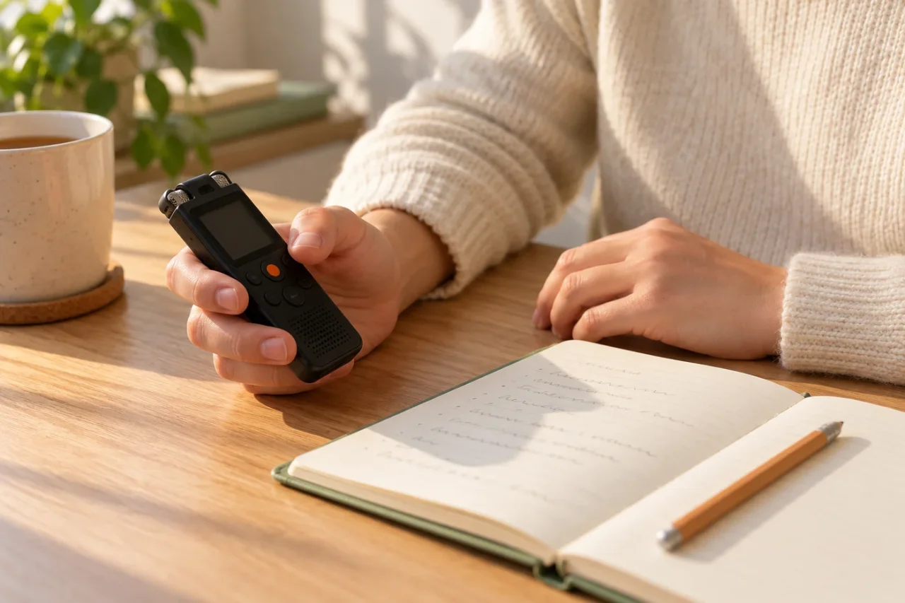 架空の条件を書いた練習メモと録音用の機器を使い、英語を声に出して確かめる手元のイメージ